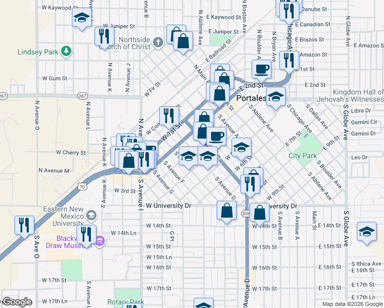map of restaurants, bars, coffee shops, grocery stores, and more near 321 South Avenue D in Portales