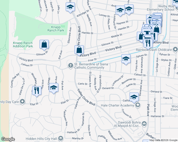 map of restaurants, bars, coffee shops, grocery stores, and more near 24216 Calvert Street in Los Angeles