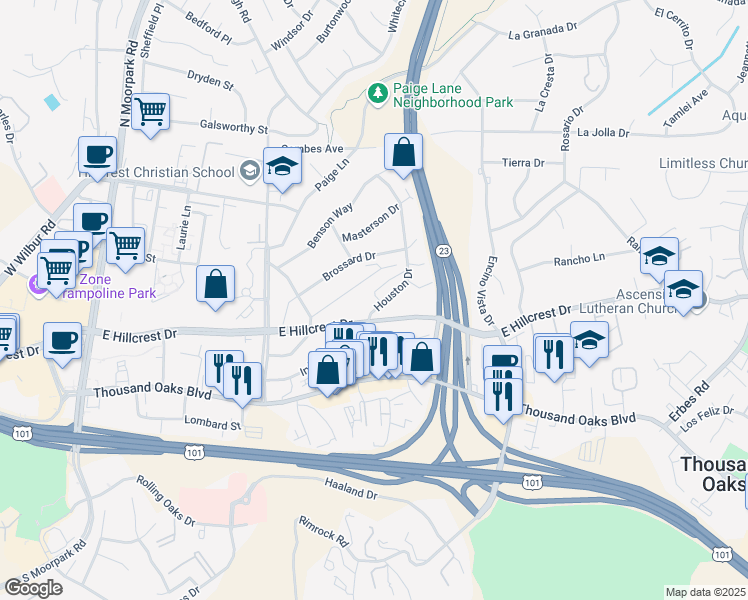 map of restaurants, bars, coffee shops, grocery stores, and more near 245 Houston Drive in Thousand Oaks