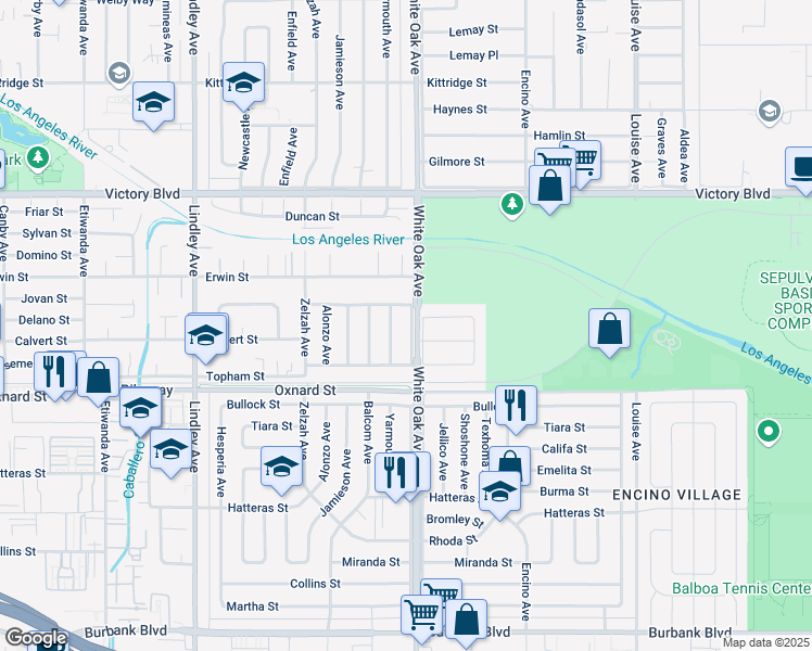 map of restaurants, bars, coffee shops, grocery stores, and more near 6150 Yarmouth Avenue in Los Angeles