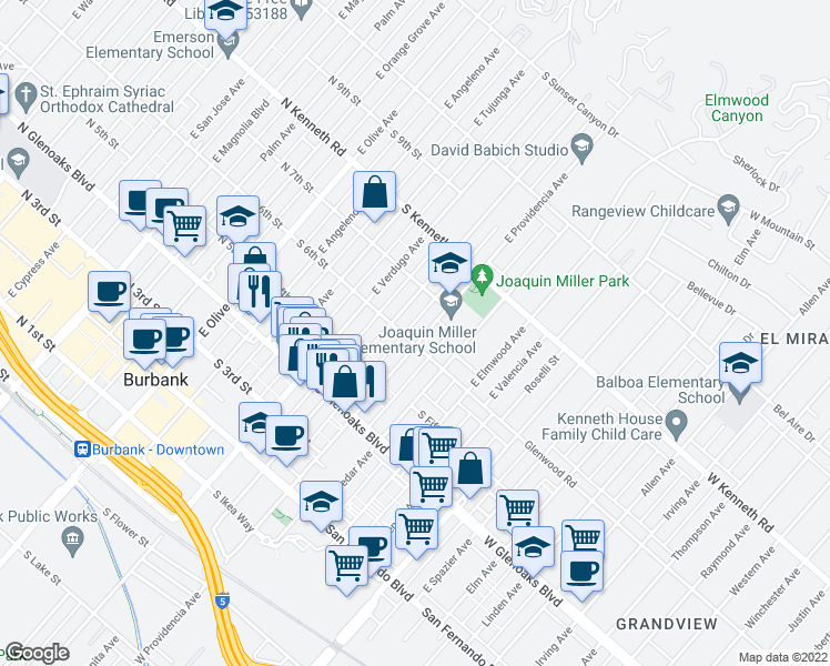 map of restaurants, bars, coffee shops, grocery stores, and more near 520 South 6th Street in Burbank