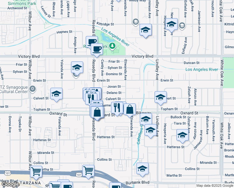 map of restaurants, bars, coffee shops, grocery stores, and more near 18337 Calvert Street in Los Angeles