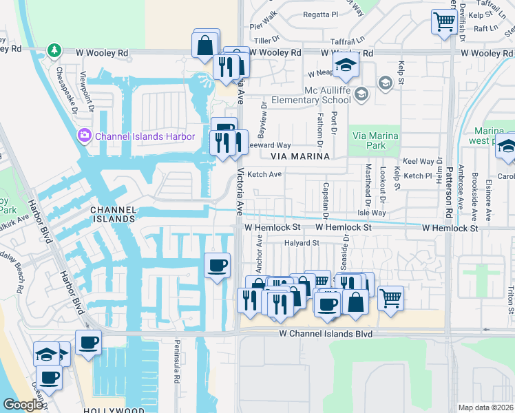 map of restaurants, bars, coffee shops, grocery stores, and more near 3729 Islander Walk in Oxnard
