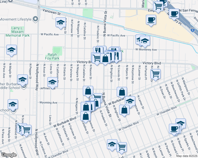map of restaurants, bars, coffee shops, grocery stores, and more near 1436 North Frederic Street in Burbank