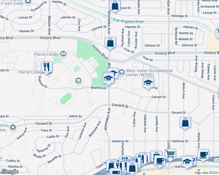 map of restaurants, bars, coffee shops, grocery stores, and more near 6201 Winnetka Avenue in Los Angeles