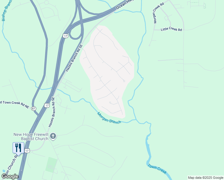 map of restaurants, bars, coffee shops, grocery stores, and more near 86 Stoney Creek Lane in Leland