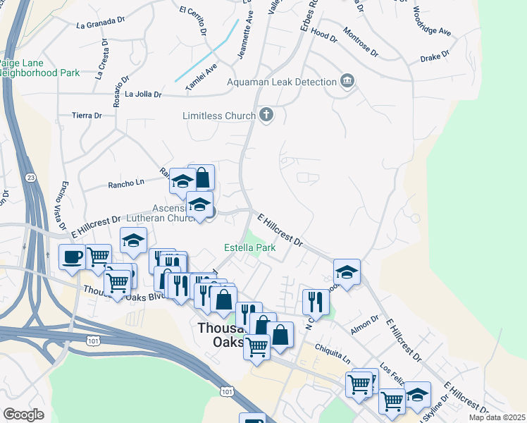 map of restaurants, bars, coffee shops, grocery stores, and more near 1785 East Hillcrest Drive in Thousand Oaks