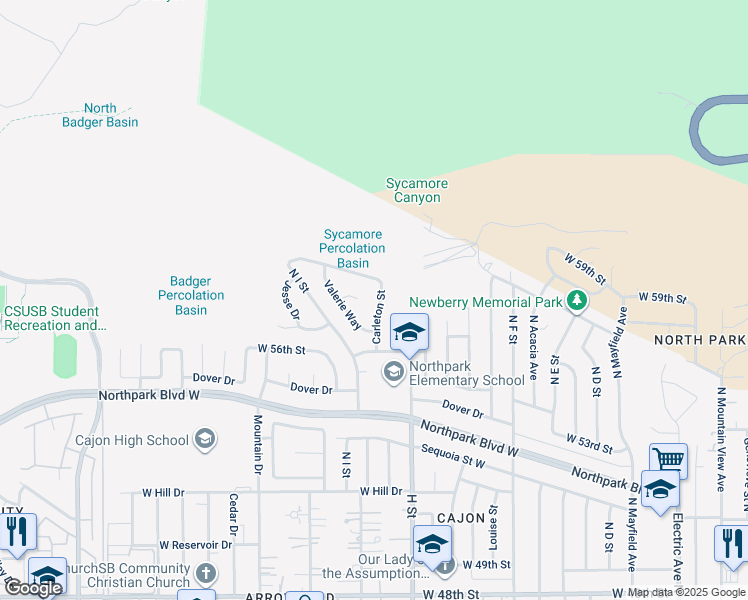 map of restaurants, bars, coffee shops, grocery stores, and more near 5794 Carleton Street in San Bernardino