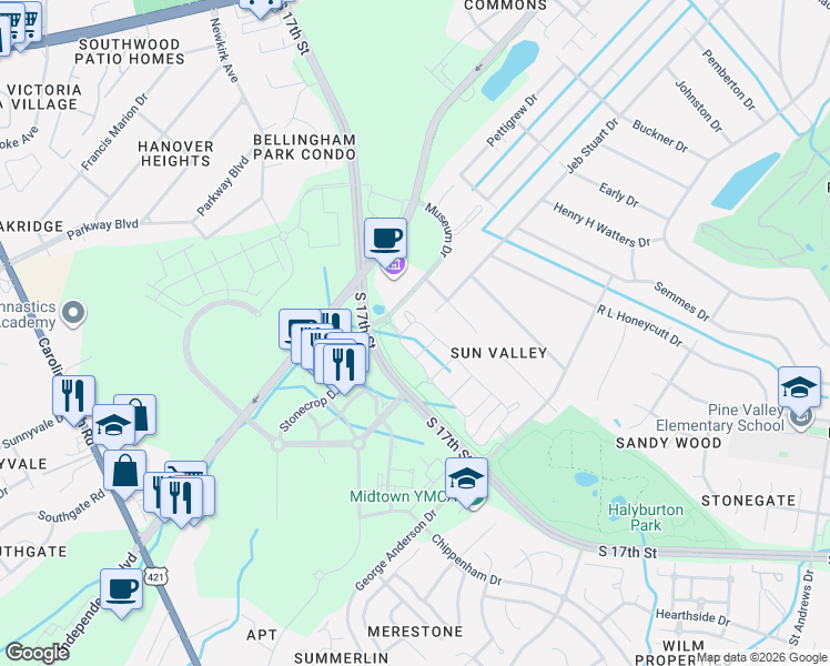 map of restaurants, bars, coffee shops, grocery stores, and more near Cross City Trail in Wilmington