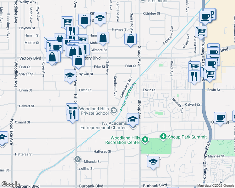 map of restaurants, bars, coffee shops, grocery stores, and more near 6136 Kentland Avenue in Los Angeles