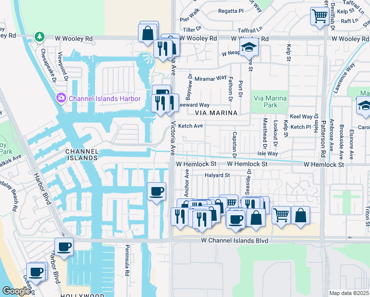 map of restaurants, bars, coffee shops, grocery stores, and more near 3664 Islander Walk in Oxnard