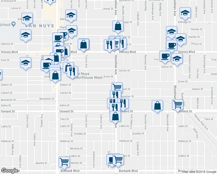 map of restaurants, bars, coffee shops, grocery stores, and more near 14134 Delano Street in Los Angeles