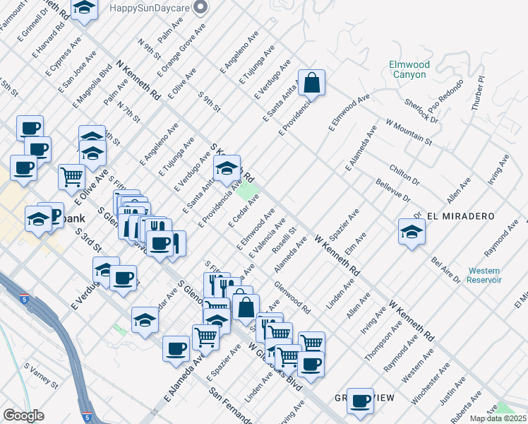 map of restaurants, bars, coffee shops, grocery stores, and more near 701 East Elmwood Avenue in Burbank