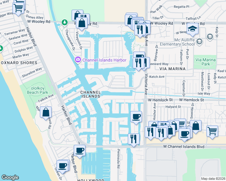 map of restaurants, bars, coffee shops, grocery stores, and more near 4126 Harbour Island Lane in Oxnard