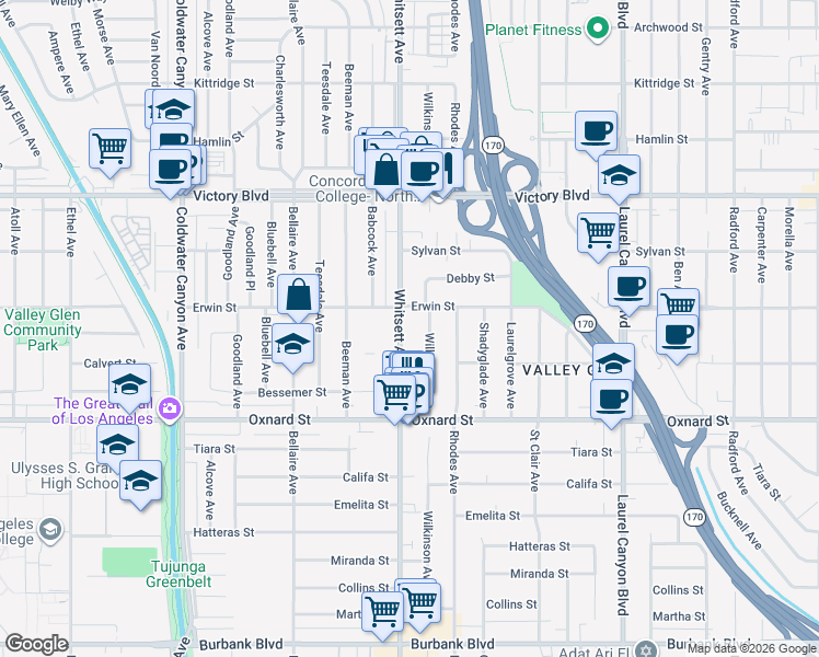 map of restaurants, bars, coffee shops, grocery stores, and more near 6140 Whitsett Avenue in Los Angeles