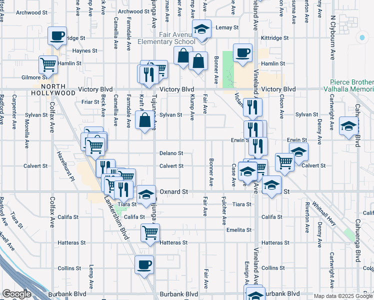 map of restaurants, bars, coffee shops, grocery stores, and more near 11245 Delano Street in Los Angeles