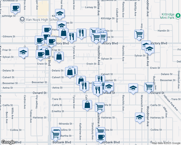 map of restaurants, bars, coffee shops, grocery stores, and more near 14145 Calvert Street in Los Angeles