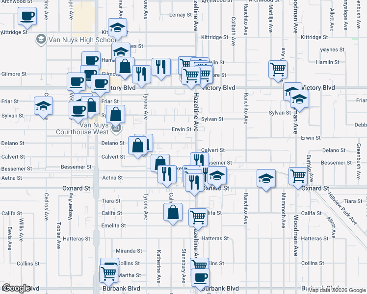 map of restaurants, bars, coffee shops, grocery stores, and more near 14134 Delano Street in Los Angeles