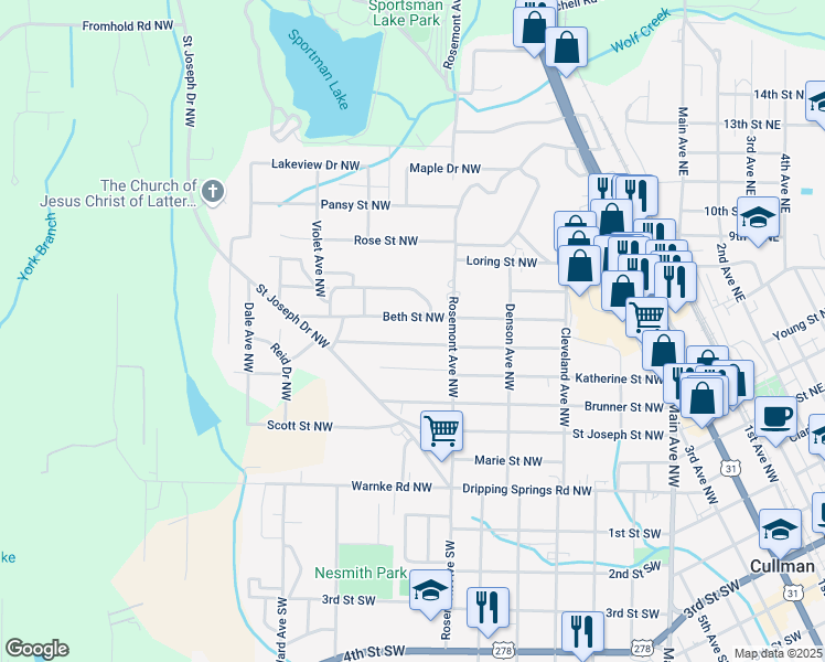 map of restaurants, bars, coffee shops, grocery stores, and more near 1516 Beth Street Northwest in Cullman