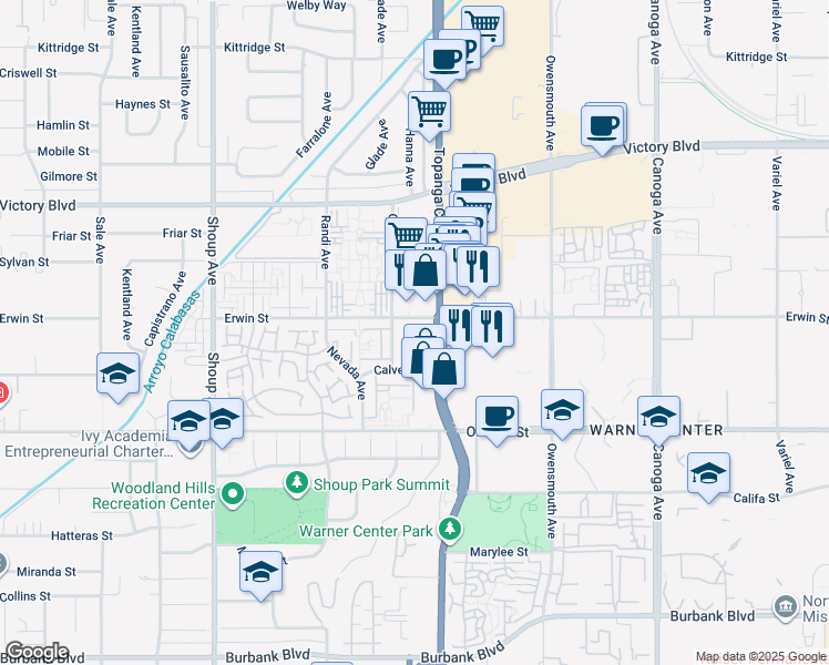 map of restaurants, bars, coffee shops, grocery stores, and more near 6133 California 27 in Los Angeles