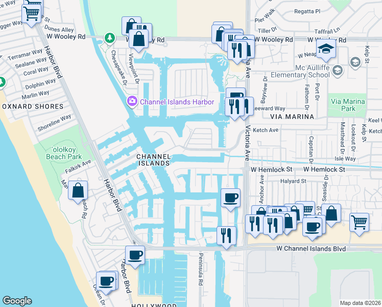 map of restaurants, bars, coffee shops, grocery stores, and more near 4126 Harbour Island Lane in Oxnard