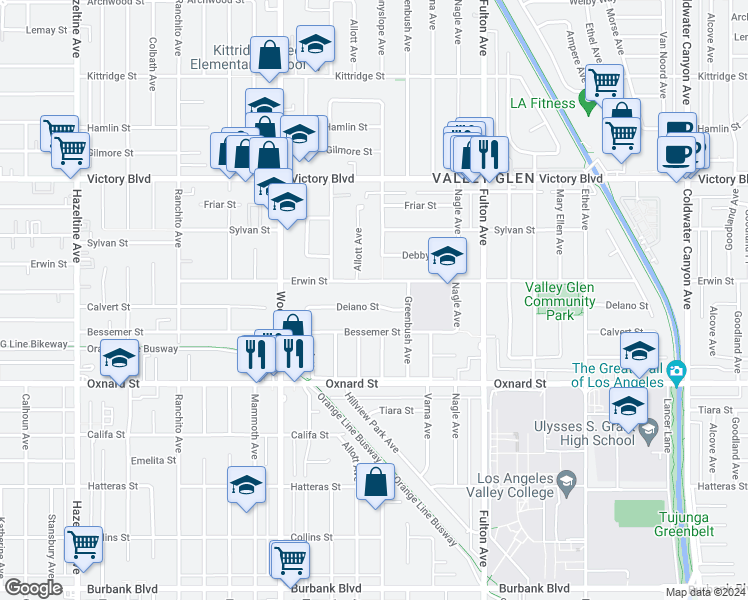 map of restaurants, bars, coffee shops, grocery stores, and more near 13505 Delano Street in Los Angeles