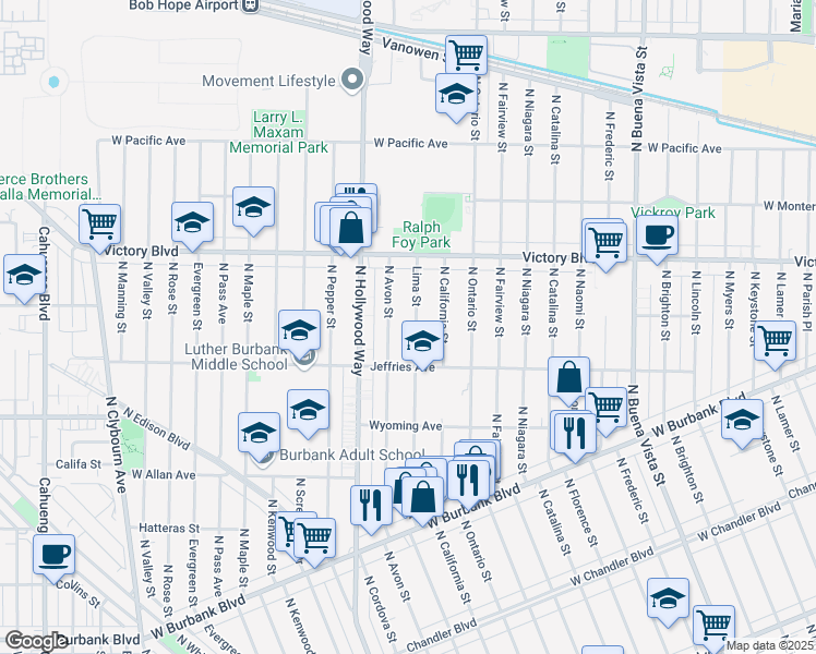 map of restaurants, bars, coffee shops, grocery stores, and more near Lima Street in Burbank