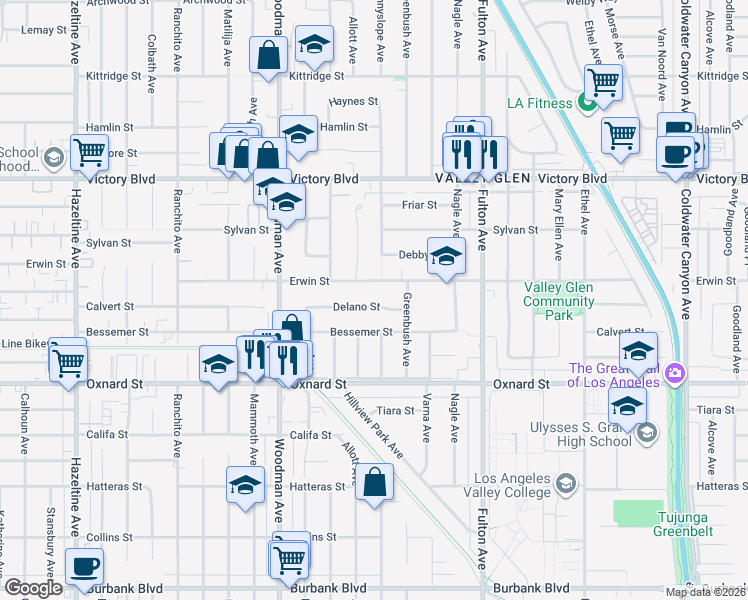 map of restaurants, bars, coffee shops, grocery stores, and more near 13505 Delano Street in Los Angeles