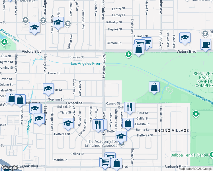 map of restaurants, bars, coffee shops, grocery stores, and more near 17647 Calvert Street in Los Angeles