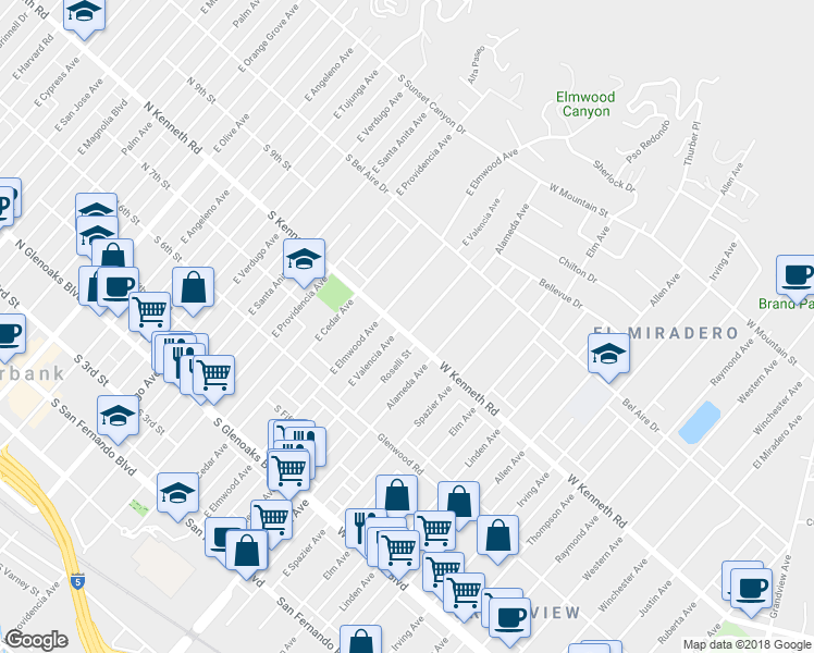 map of restaurants, bars, coffee shops, grocery stores, and more near 820 South Kenneth Road in Burbank