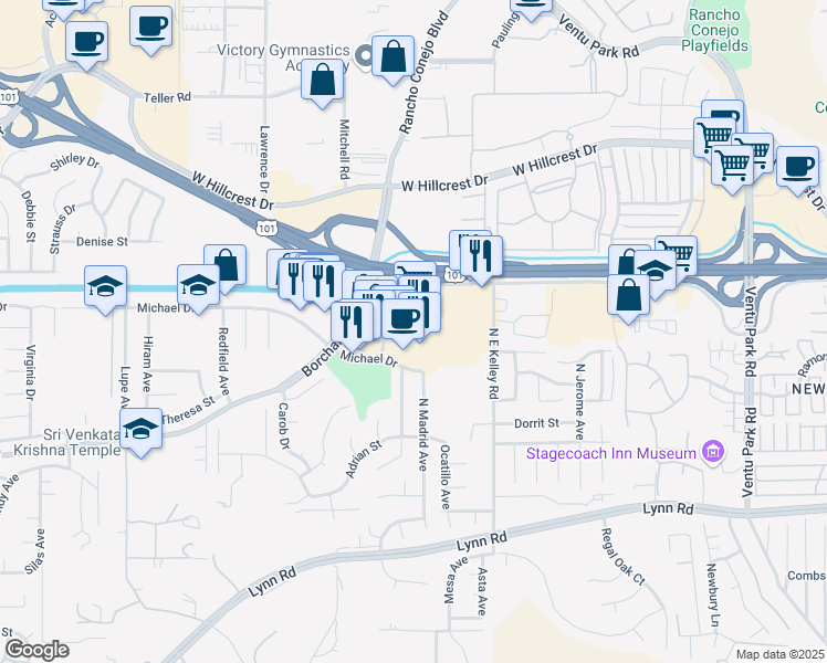 map of restaurants, bars, coffee shops, grocery stores, and more near 2130 Newbury Road in Thousand Oaks