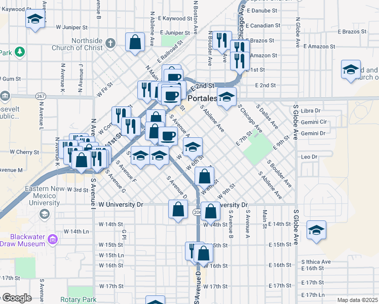 map of restaurants, bars, coffee shops, grocery stores, and more near 212 West 6th Street in Portales
