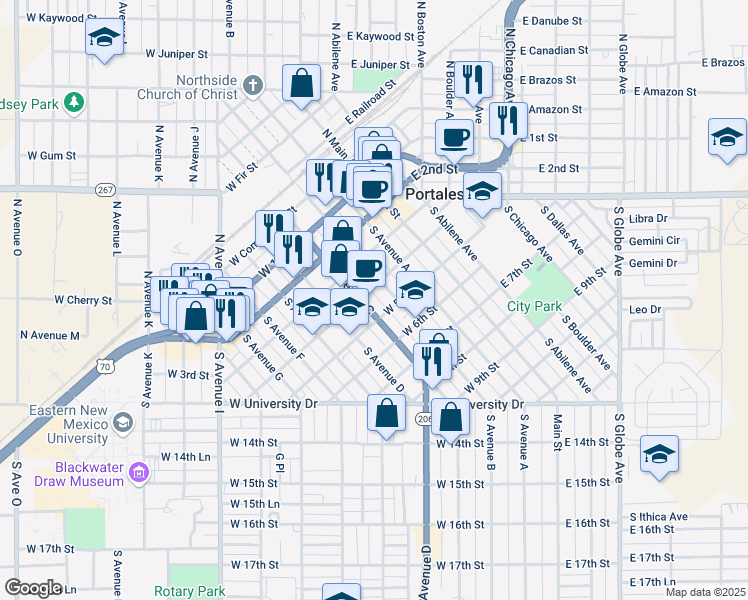 map of restaurants, bars, coffee shops, grocery stores, and more near 398 West 5th Street in Portales