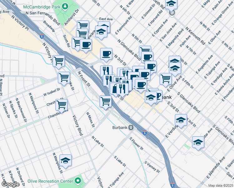 map of restaurants, bars, coffee shops, grocery stores, and more near 401 North 1st Street in Burbank