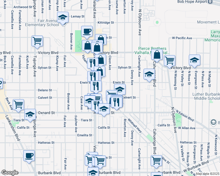 map of restaurants, bars, coffee shops, grocery stores, and more near 6148 Cleon Avenue in Los Angeles