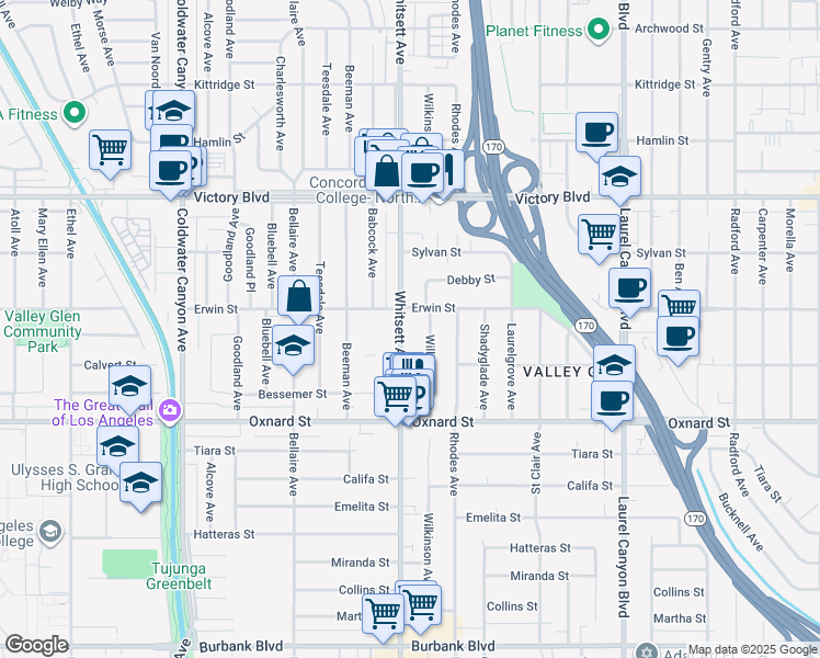 map of restaurants, bars, coffee shops, grocery stores, and more near 6125 Whitsett Avenue in Los Angeles
