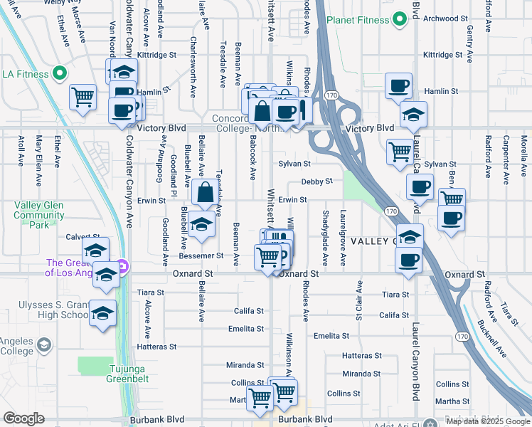 map of restaurants, bars, coffee shops, grocery stores, and more near 6125 Whitsett Avenue in Los Angeles