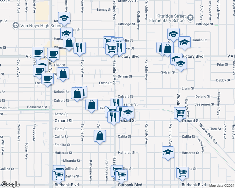 map of restaurants, bars, coffee shops, grocery stores, and more near in Los Angeles County