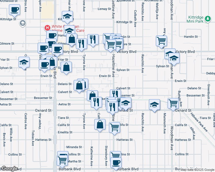 map of restaurants, bars, coffee shops, grocery stores, and more near 14145 Calvert Street in Los Angeles
