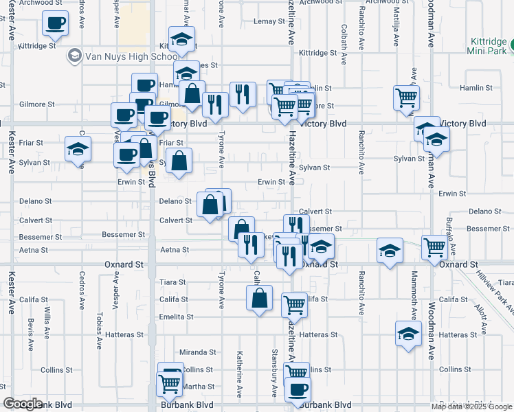 map of restaurants, bars, coffee shops, grocery stores, and more near 14145 Calvert Street in Los Angeles