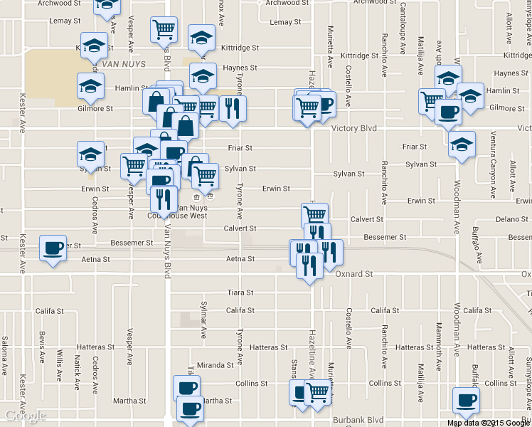 map of restaurants, bars, coffee shops, grocery stores, and more near 14223 Calvert Street in Los Angeles
