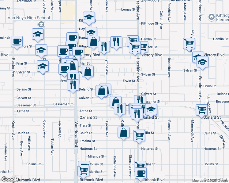 map of restaurants, bars, coffee shops, grocery stores, and more near 14223 Calvert Street in Los Angeles