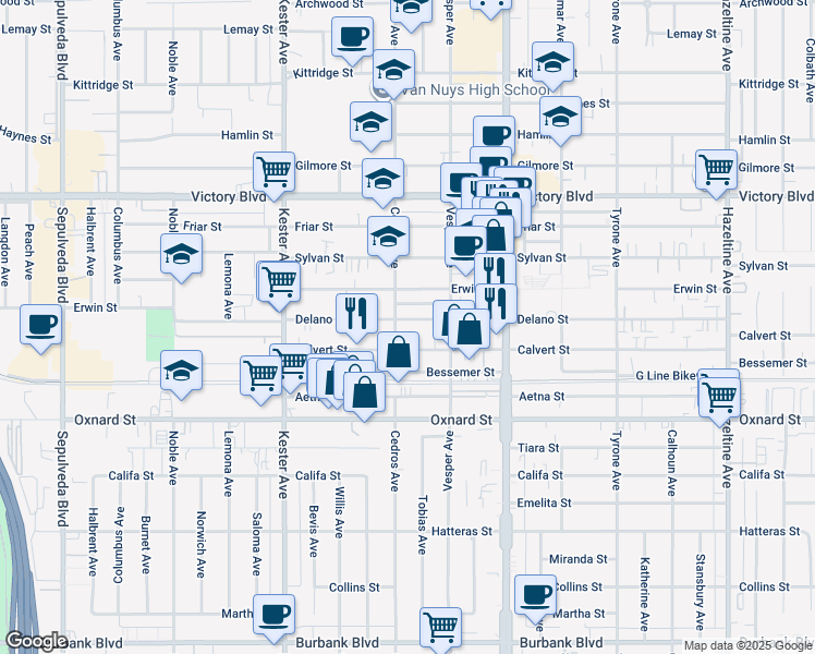 map of restaurants, bars, coffee shops, grocery stores, and more near 14633 Calvert Street in Los Angeles