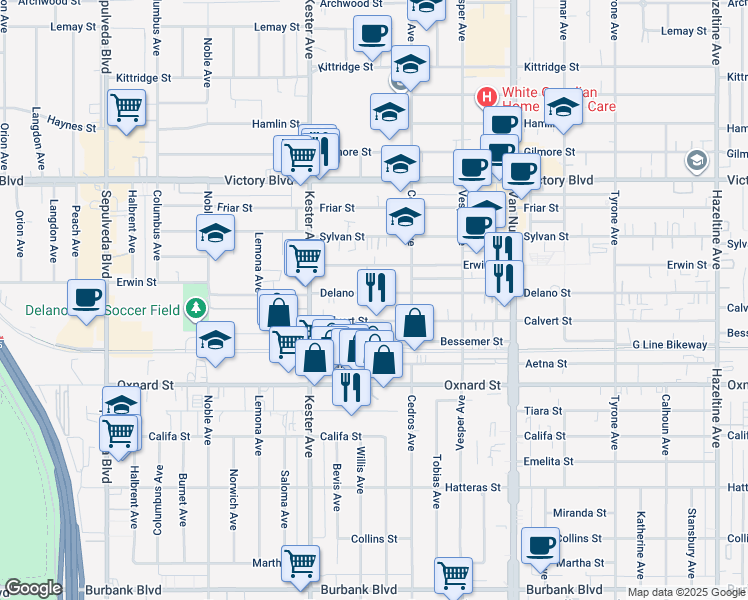 map of restaurants, bars, coffee shops, grocery stores, and more near 14751 Calvert Street in Los Angeles