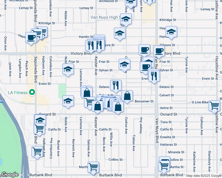 map of restaurants, bars, coffee shops, grocery stores, and more near 14751 Calvert Street in Los Angeles