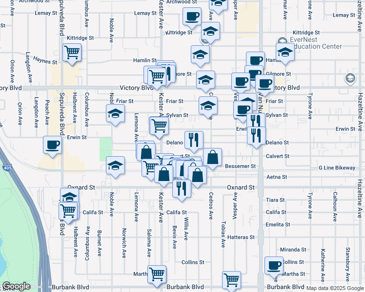 map of restaurants, bars, coffee shops, grocery stores, and more near 14751 Calvert Street in Los Angeles