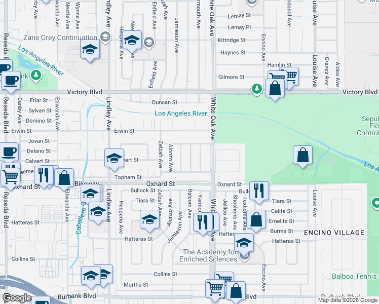 map of restaurants, bars, coffee shops, grocery stores, and more near 6150 Jamieson Avenue in Los Angeles