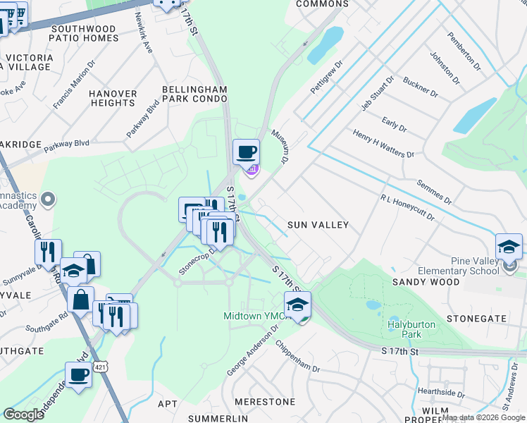map of restaurants, bars, coffee shops, grocery stores, and more near Cross City Trail in Wilmington