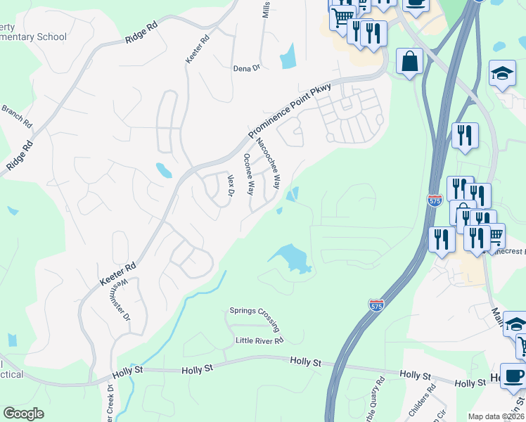 map of restaurants, bars, coffee shops, grocery stores, and more near 175 Nacoochee Way in Canton