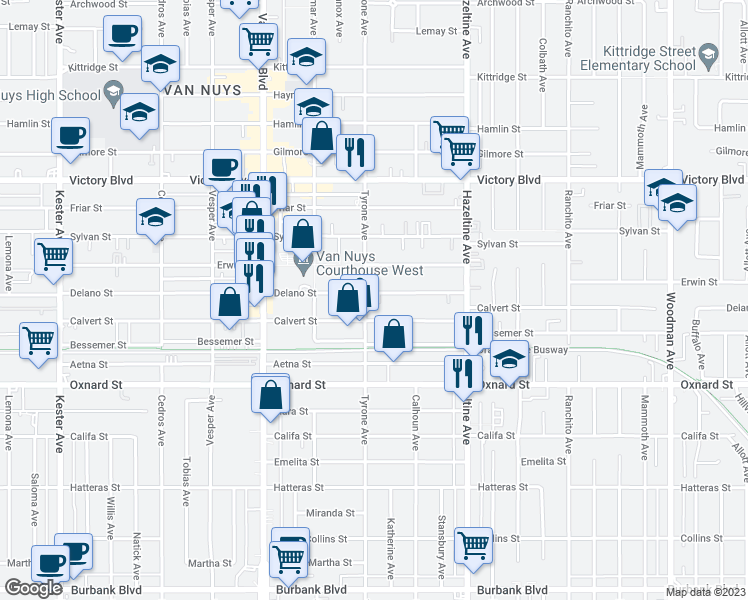 map of restaurants, bars, coffee shops, grocery stores, and more near 14252 Delano Street in Los Angeles